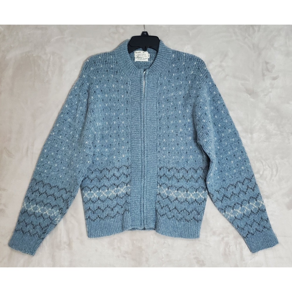 Vintage Sears Sportswear Sweater Size M Lambswool Mohair Blend Blue Full Zip EUC